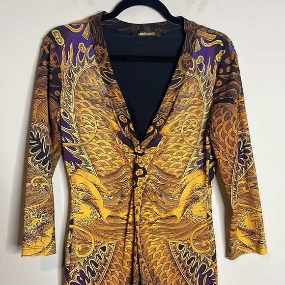 Roberto Cavalli | Women’s Gold Baroque Dragon Print Dress - Picture 2 of 7